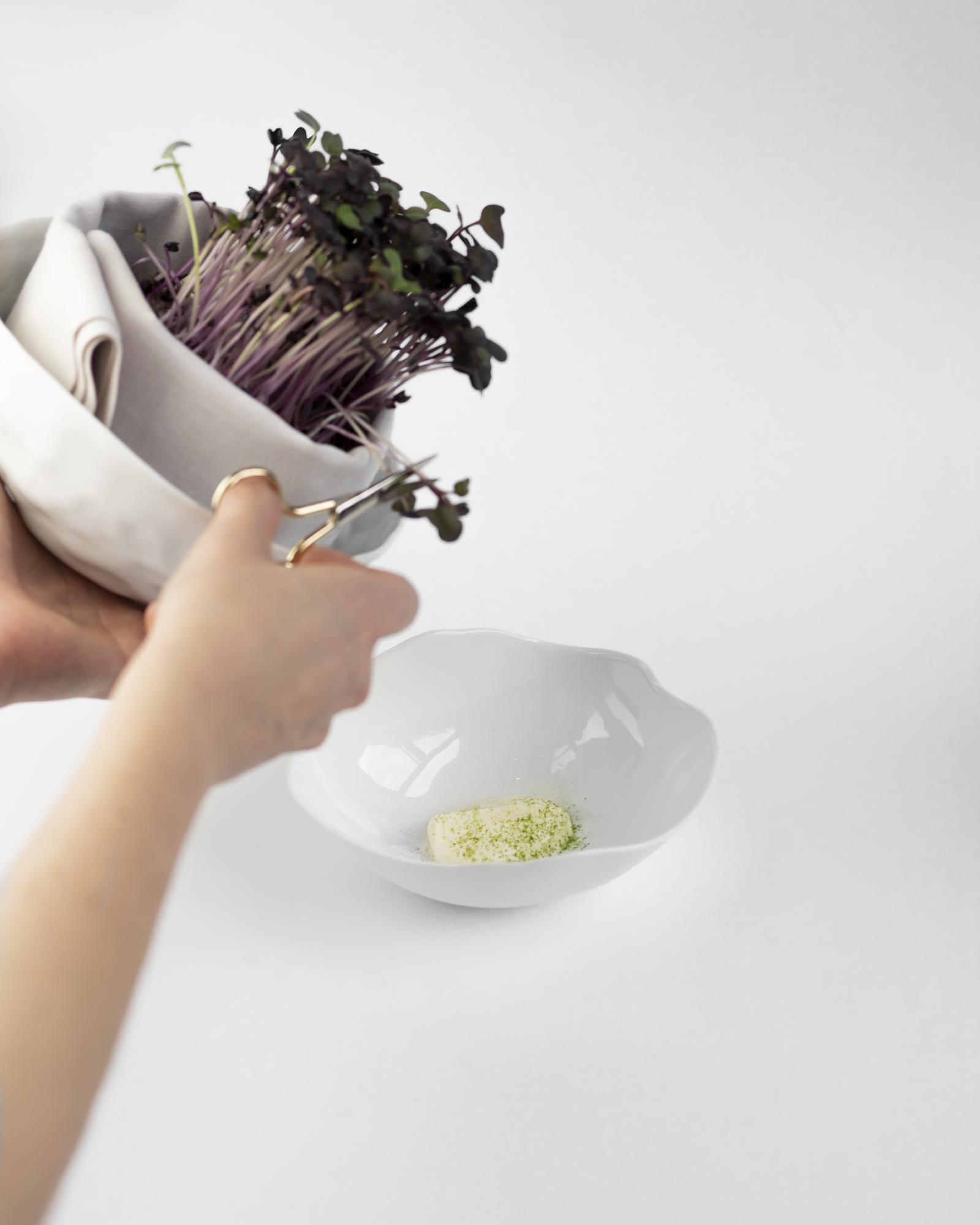 Hands sprinkling herbs over bowl
