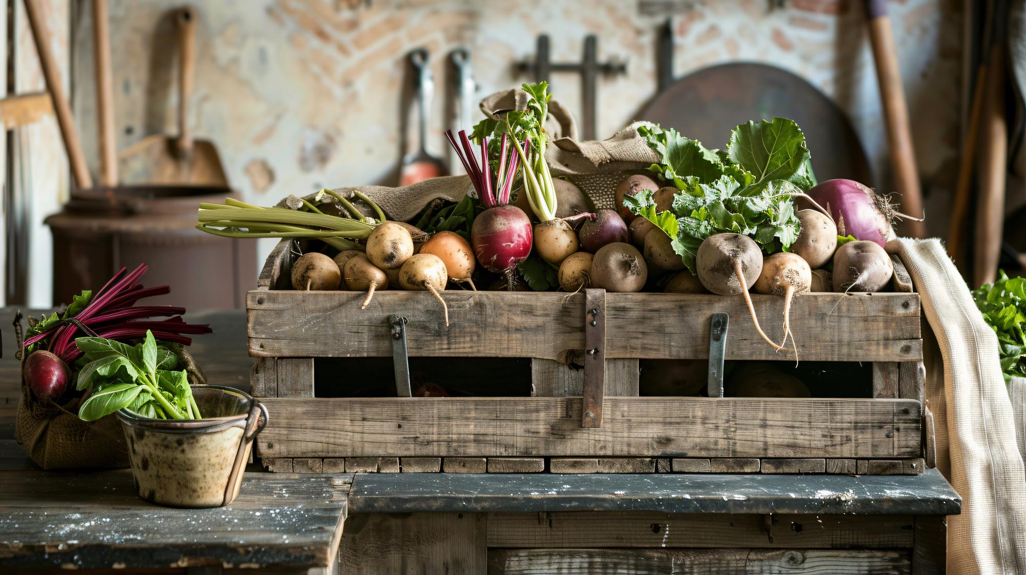 Wooden crate of seasonal vegetables