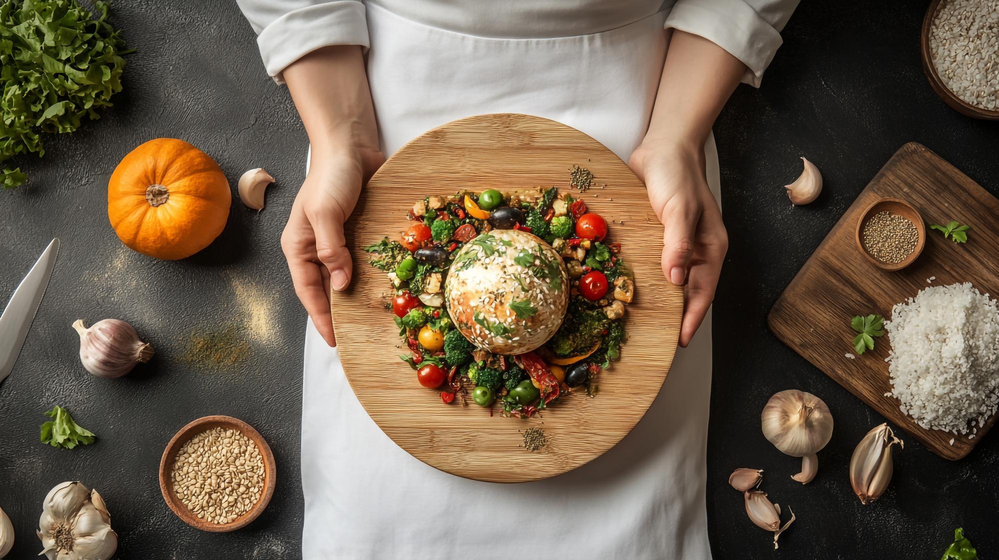 Chef arranging plated seasonal dish on wooden table